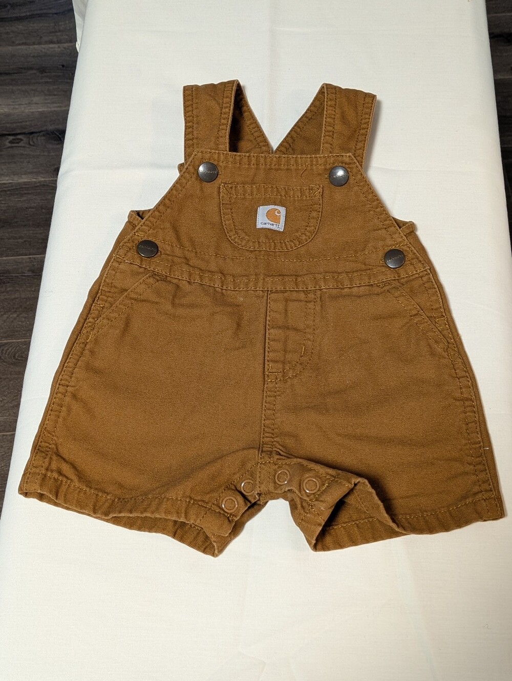 Carhartt Kids Tan Shortalls with Snap Closures. Size 6 Months. EUC Overall Short